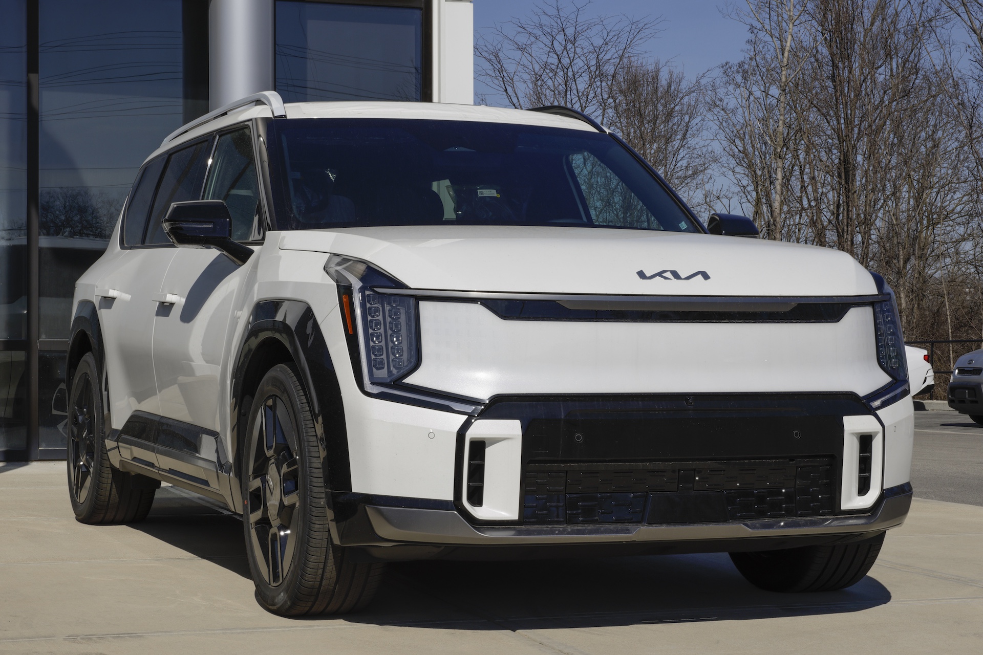 Kia EV9 GT-Line EV Electric Vehicle display at a dealership. Kia offers the EV9 in Light, Wind, and Land models. MY:2024