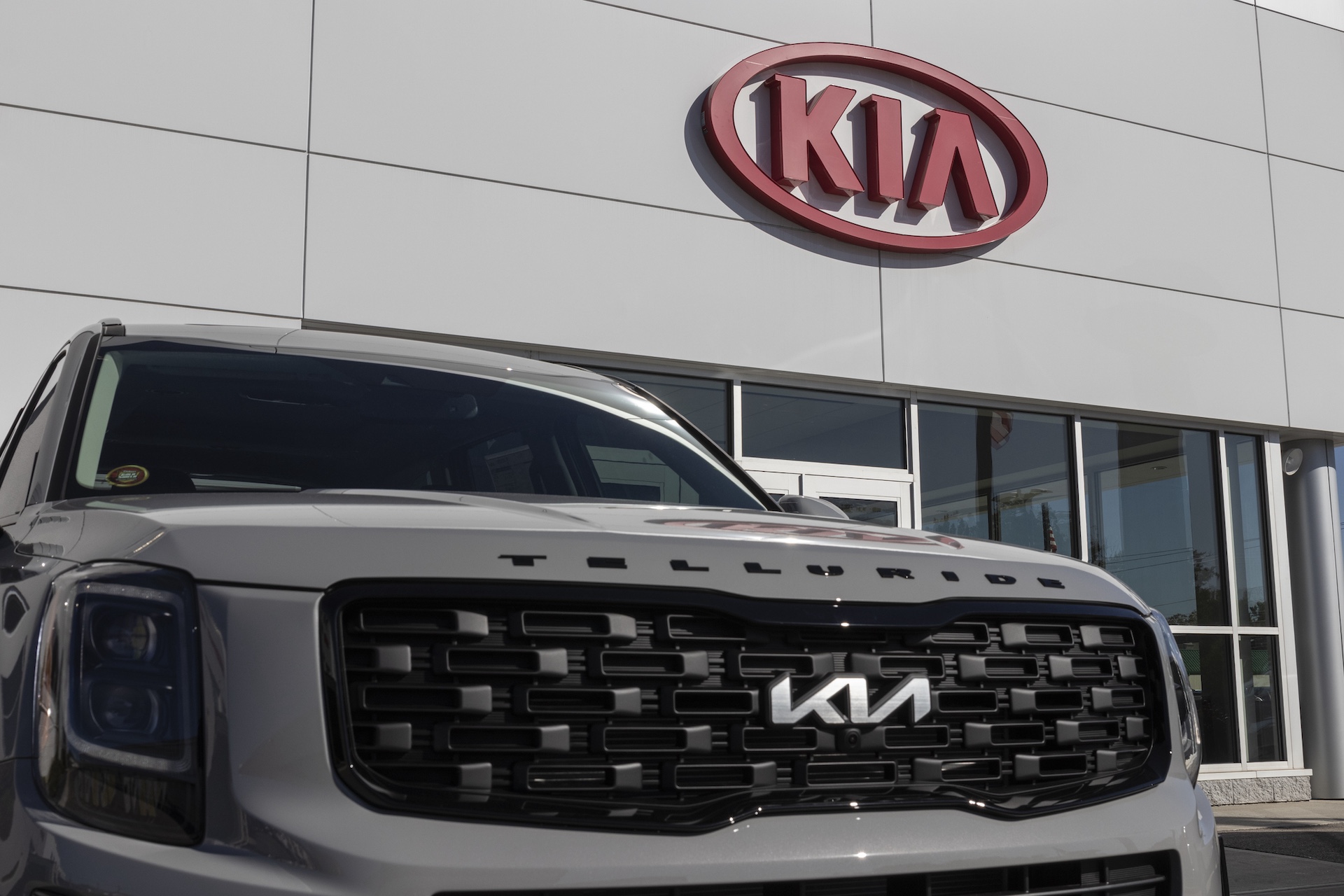 Kia Telluride display at a dealership. Kia Motors is minority owned by the Hyundai Motor Company.